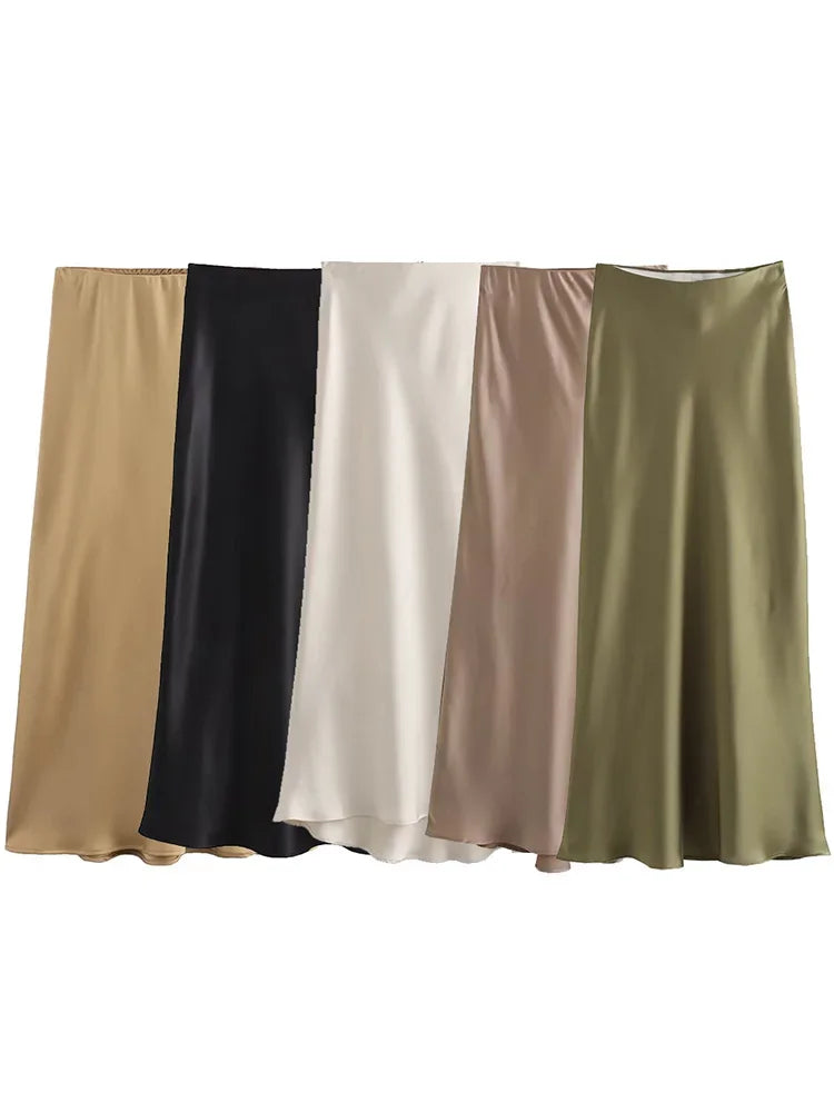 Saia de Cetim Preto Midi, Longa Cintura Alta Elegante