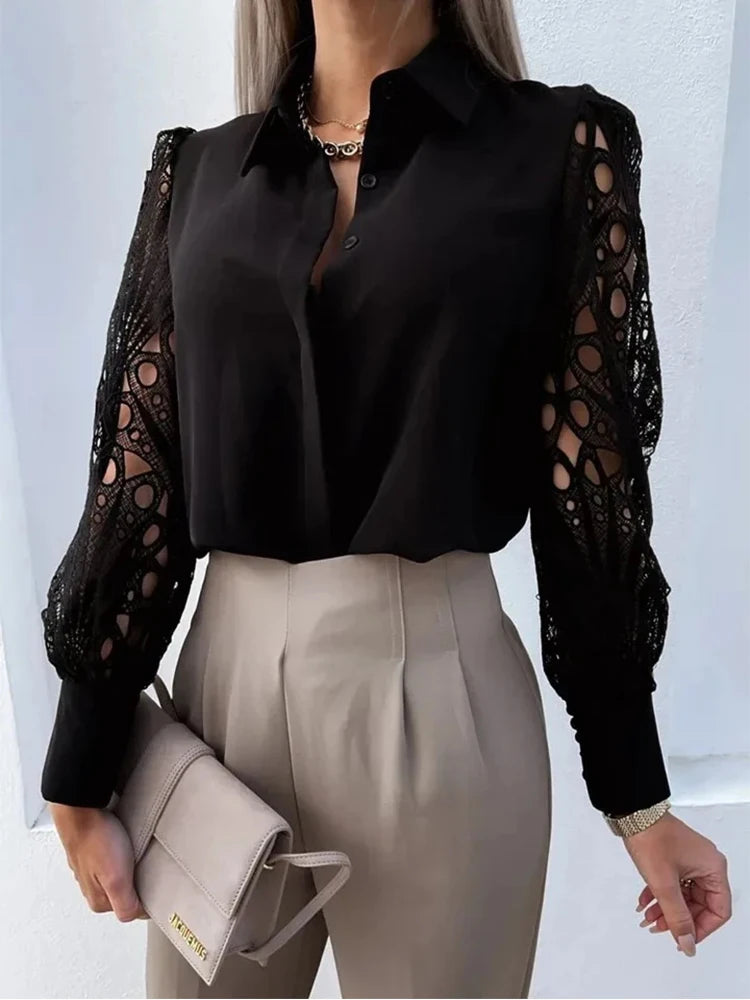 Blusa Feminina Elegante Decote V com Manga de Renda