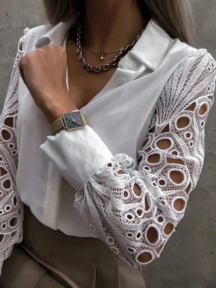 Blusa Feminina Elegante Decote V com Manga de Renda