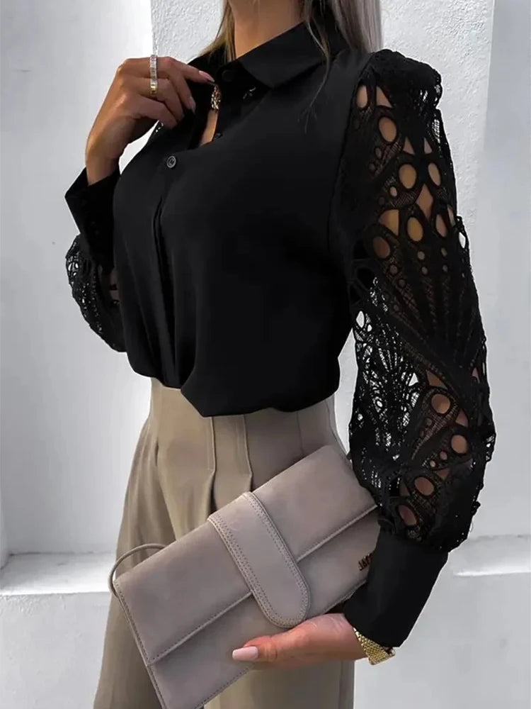 Blusa Feminina Elegante Decote V com Manga de Renda