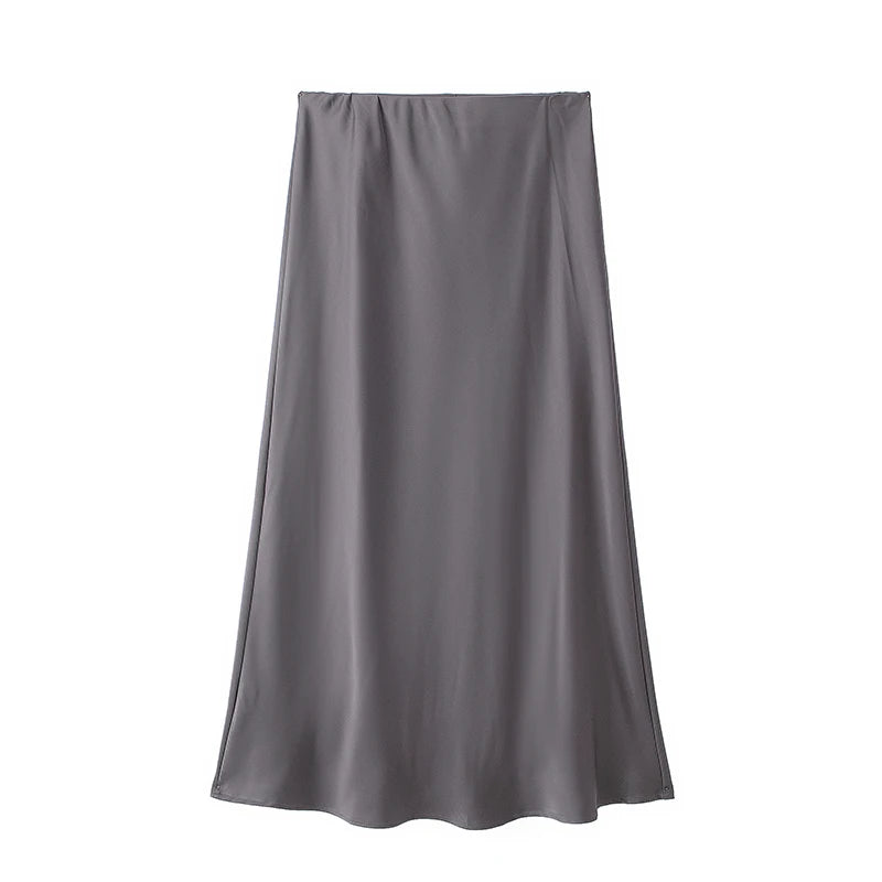 Saia de Cetim Preto Midi, Longa Cintura Alta Elegante