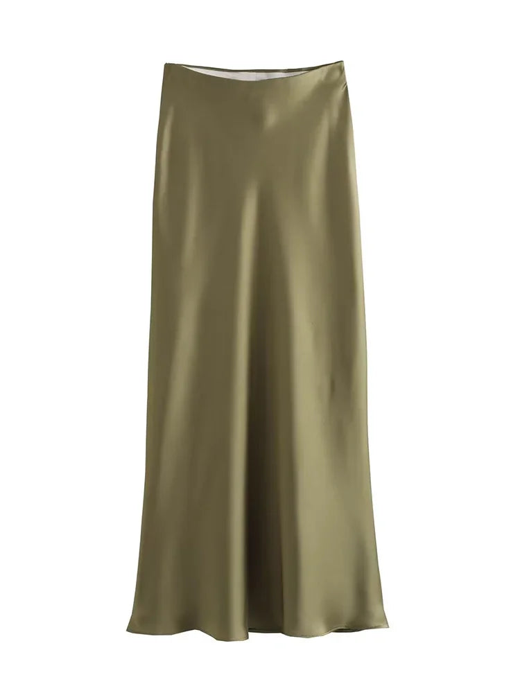 Saia de Cetim Preto Midi, Longa Cintura Alta Elegante