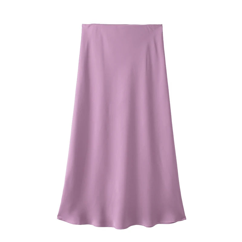 Saia de Cetim Preto Midi, Longa Cintura Alta Elegante