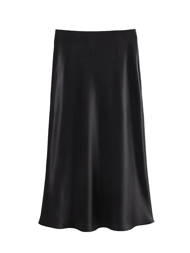 Saia de Cetim Preto Midi, Longa Cintura Alta Elegante