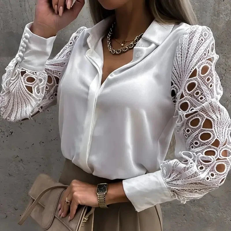Blusa Feminina Elegante Decote V com Manga de Renda