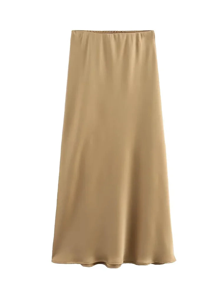 Saia de Cetim Preto Midi, Longa Cintura Alta Elegante