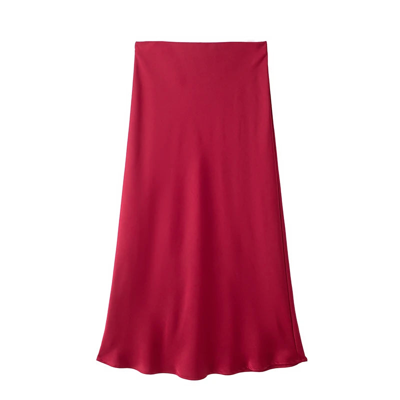 Saia de Cetim Preto Midi, Longa Cintura Alta Elegante