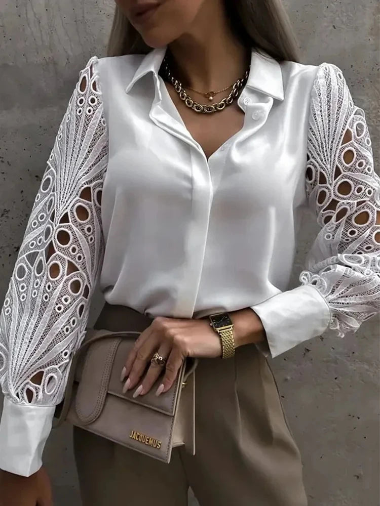 Blusa Feminina Elegante Decote V com Manga de Renda