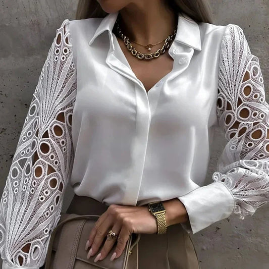 Blusa Feminina Elegante Decote V com Manga de Renda