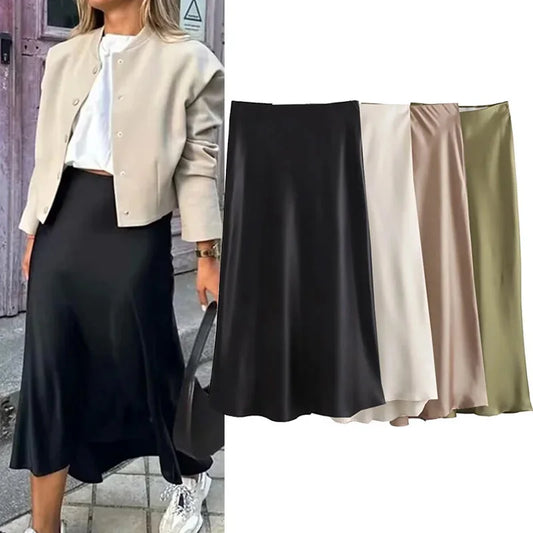 Saia de Cetim Preto Midi, Longa Cintura Alta Elegante